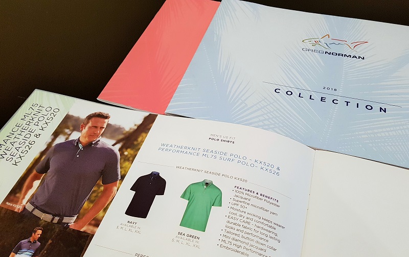 pages of a Greg Norman Collection UK brochure